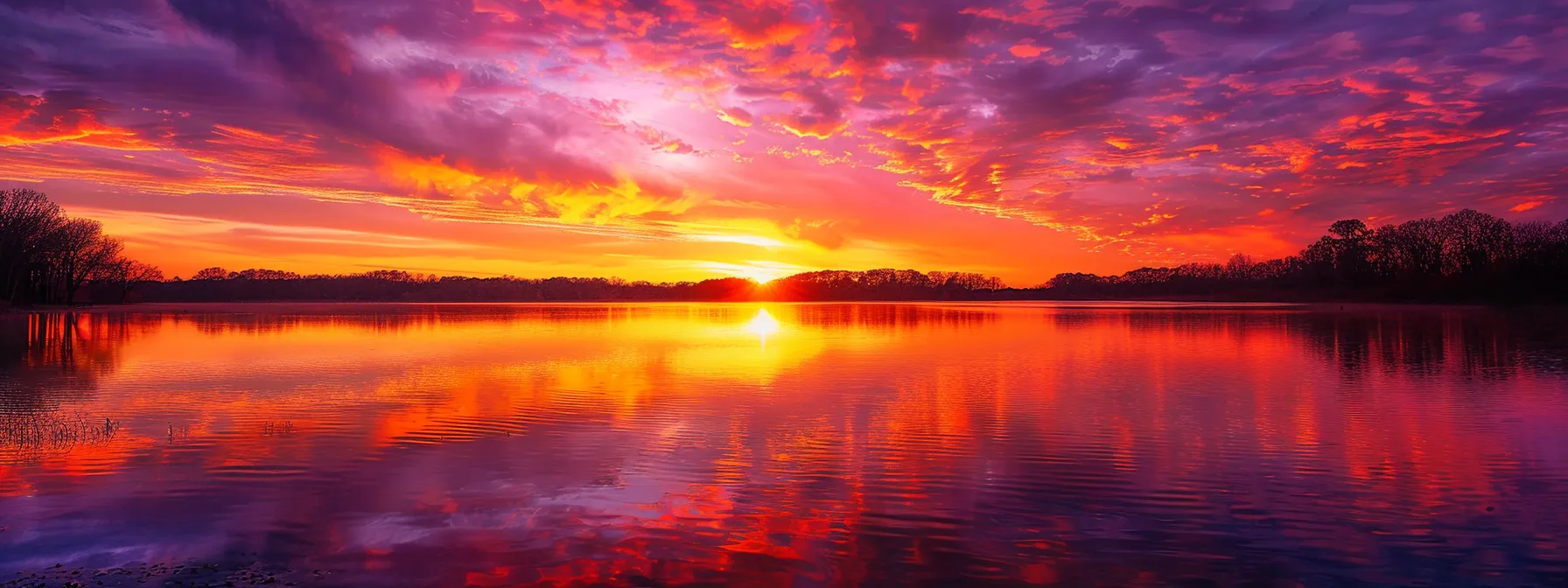 a vibrant sunset paints the sky in fiery oranges and purples over a tranquil lake, reflecting the breathtaking colors in its glass-like surface.