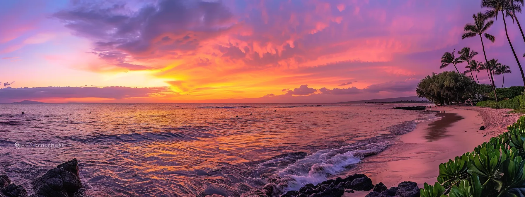 a vibrant sunset paints the sky with a spectrum of oranges and purples, casting a warm glow over a tranquil ocean where gentle waves kiss the shore.