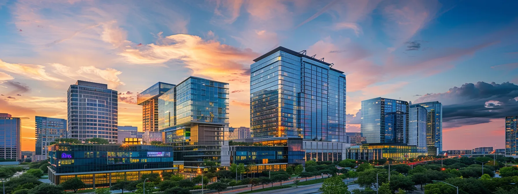 a vibrant urban skyline at sunset showcases emerging neighborhoods, symbolizing the dynamic trends and investment opportunities in the real estate market, with warm golden hues reflecting off modern glass buildings.