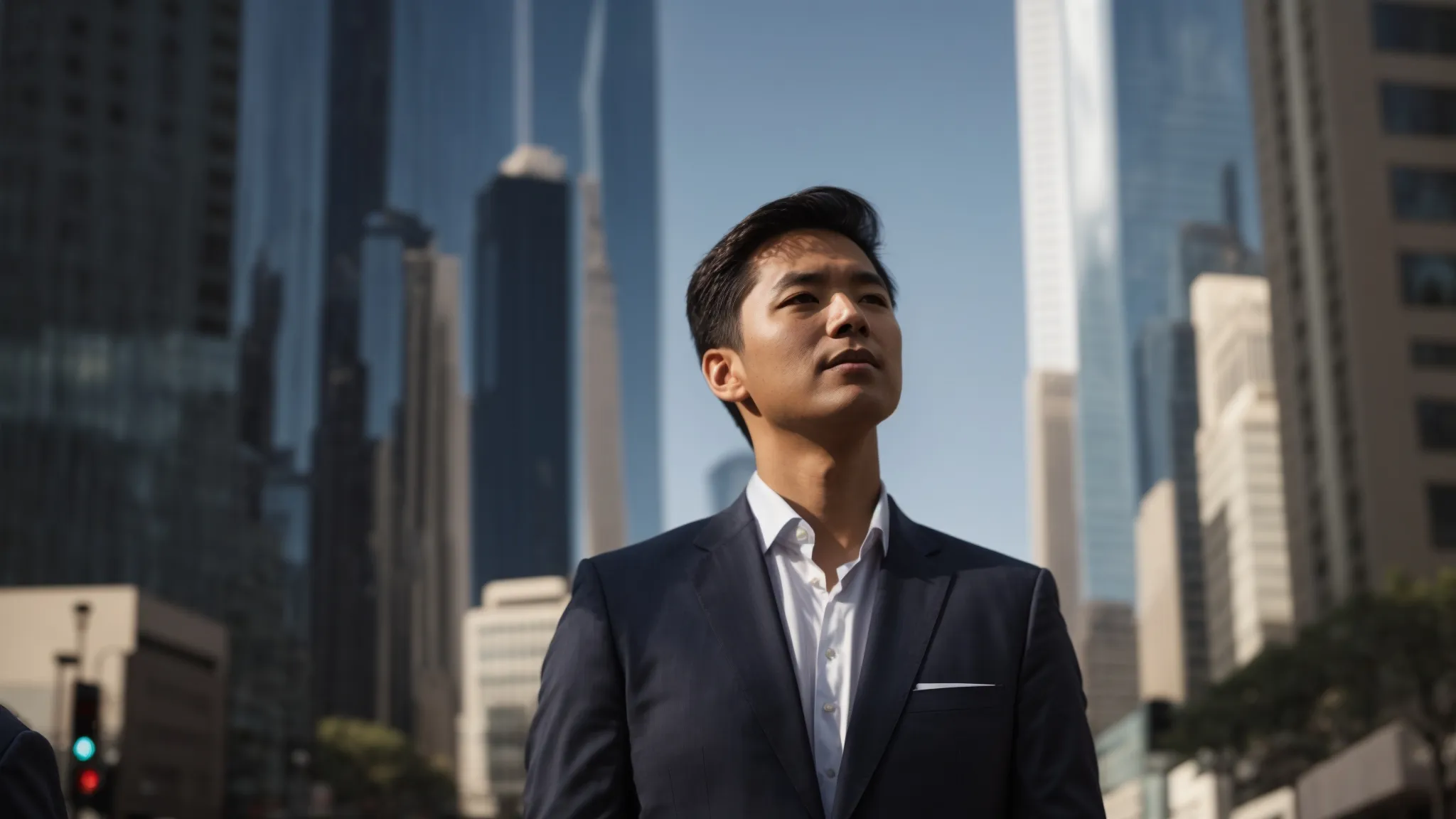 a confident real estate agent stands on a bustling city street, gazing upwards towards towering skyscrapers, symbolizing ambitious income goals and the dynamic nature of the market under a clear blue sky.