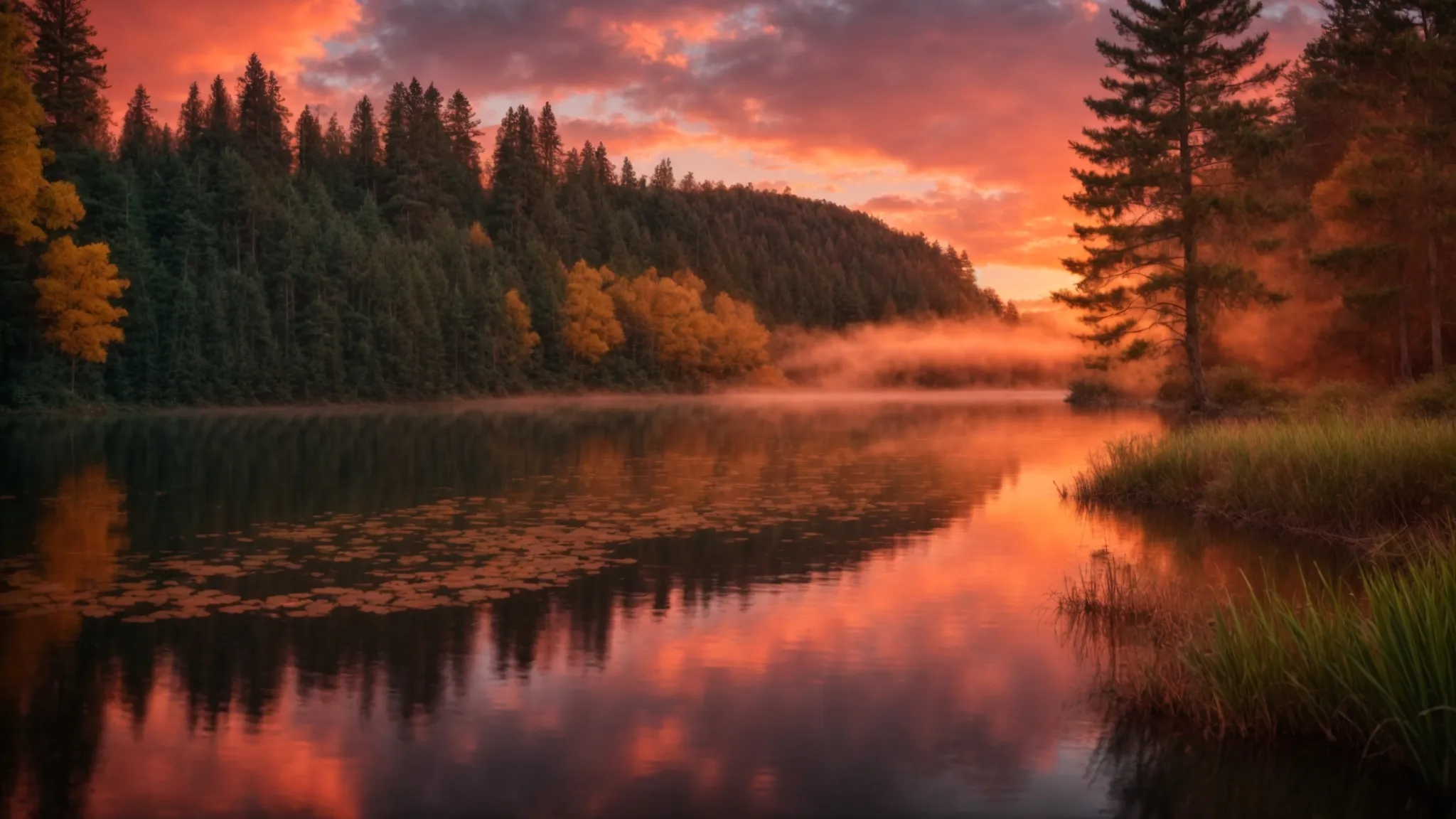 a mesmerizing sunrise paints the sky in vibrant hues of orange and pink, illuminating a tranquil lake surrounded by lush, verdant forests reflecting perfectly on the water's surface.