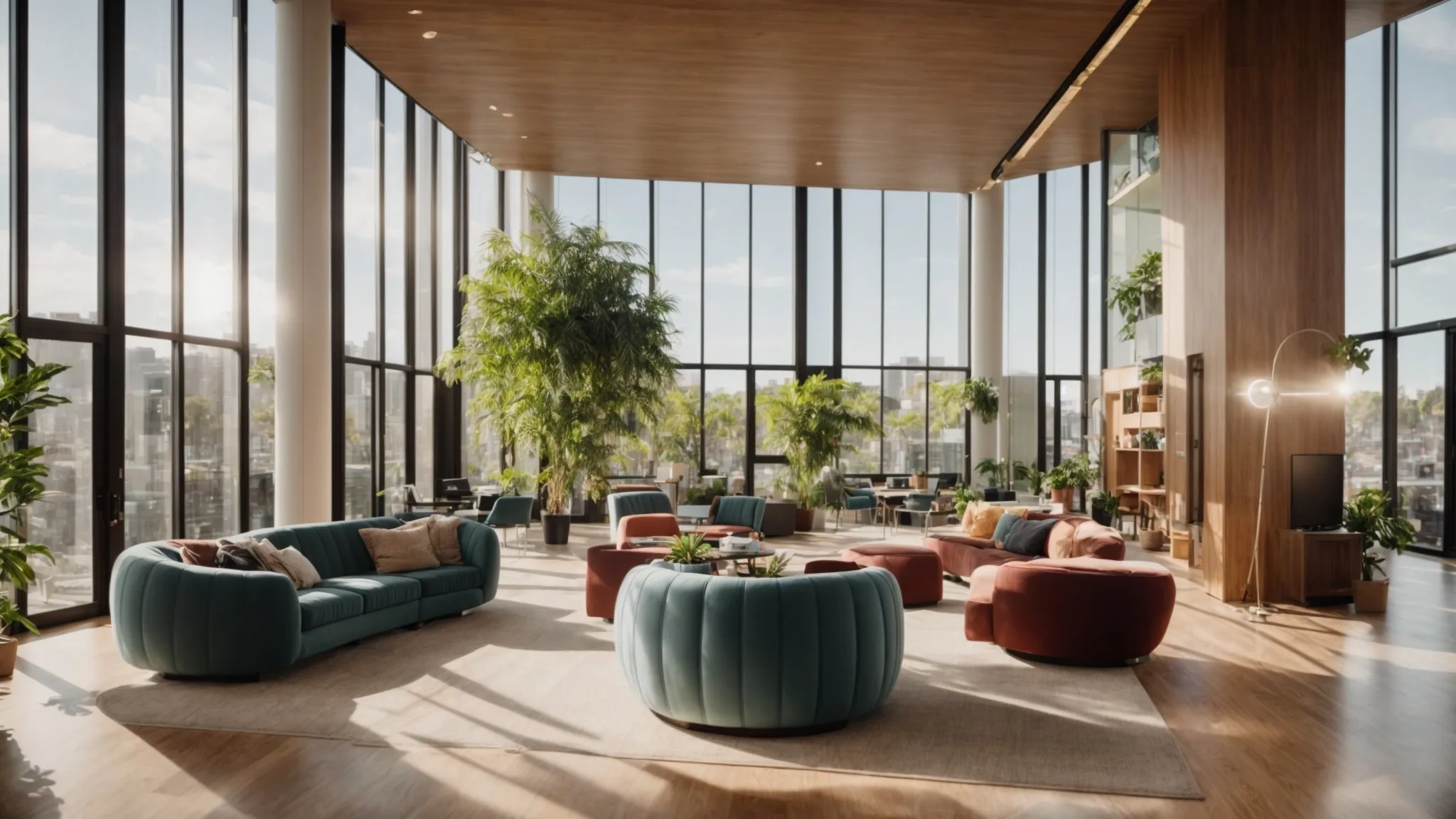 a vibrant and bustling real estate office showcases agents engaging in dynamic discussions, illuminated by warm natural light streaming through large windows, reflecting the industry’s diverse salary expectations and career pathways.