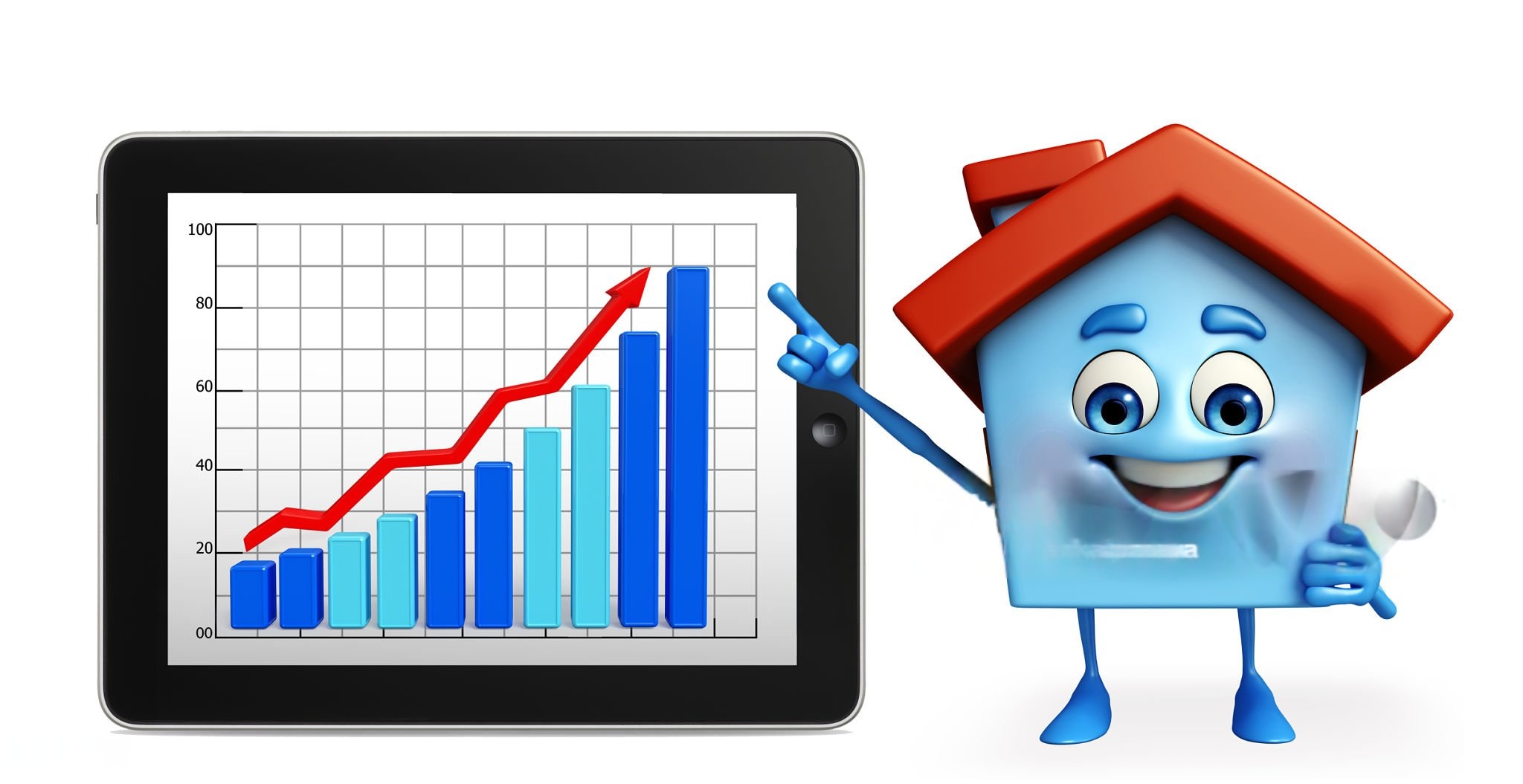 Happy house character presenting a rising real estate market chart on a digital tablet.